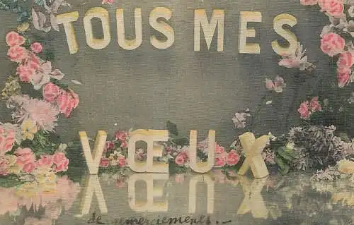 Tous mes voeux greetings sovuenir roses floral motif