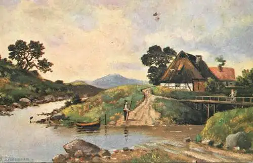Artist fine art postcard Lesse rowboat creek