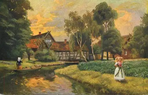 Artist fine art postcard summer creek rowboat landscape