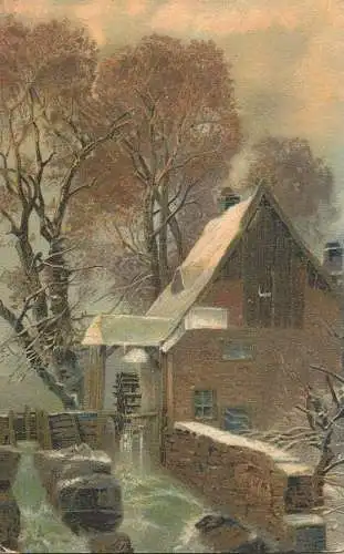 Artist fine art postcard winter scene watermill