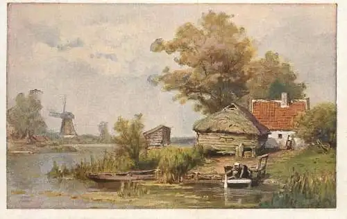 Artist fine art postcard windmill marsh landscape