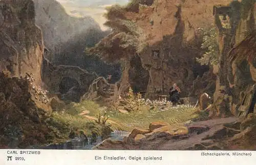 Artist fine art postcard Carl Spitzweg ein Einsiedler Geige spielend