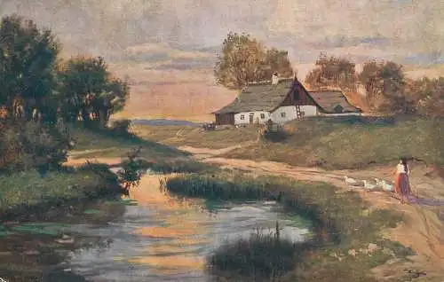 Artist fine art postcard B. Semilk retour du paturage