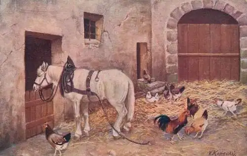 Artist fine art postcard V. Kapeckj roosters and horses