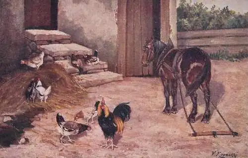 Artist fine art postcard V. Kapeckj roosters and horses