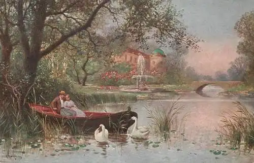 Artist fine art postcard lake roxboat scene swans