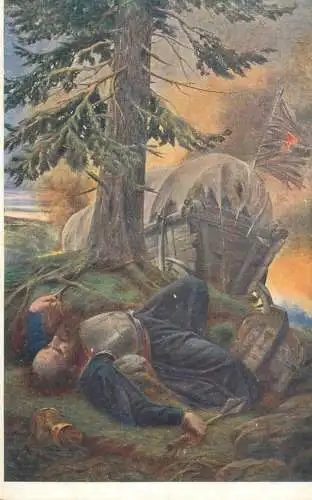 Artist fine art postcard J. Fischer Po bitve u Lipan