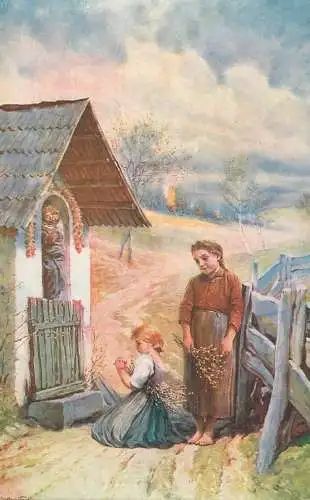 Artist fine art postcard girls parying at a shrine
