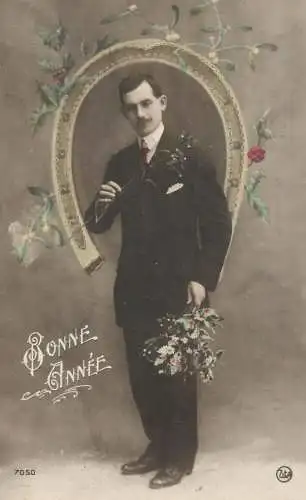 Real photo elegant man moustache horseshoe flower