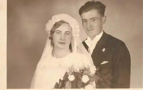 Social history anonymous persons portrait souvenir elegant couple wedding bride groom 1936