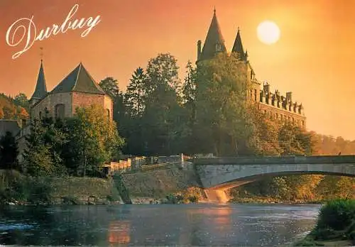 Belgium Durbuy castle & stone bridge sunset view