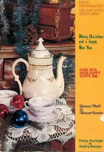 Winter Holiday greetings porcelain tea service and globe decorative ornaments