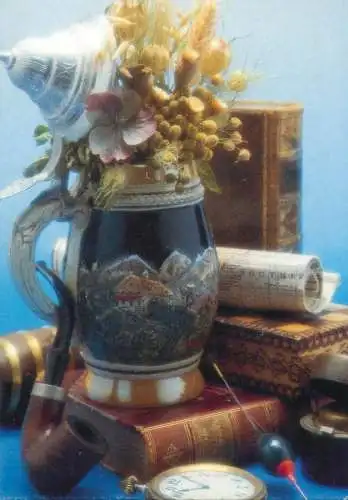 Vase floral arrangement, bell, smoking pipe books