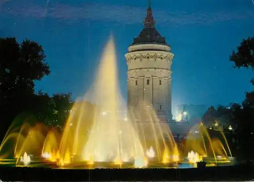 Germany Mannheim Wasserspiele mit Wasserturm bei Nacht