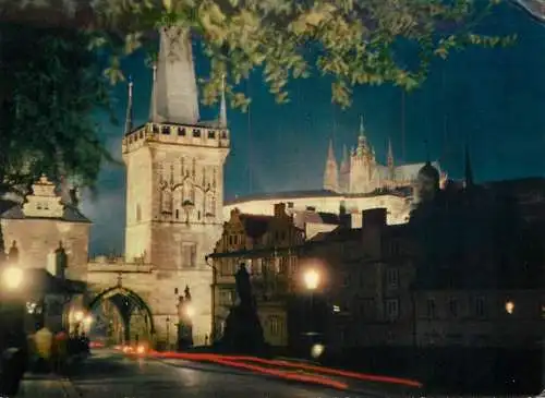 Czech Republic Prague Miner Town bridge towers and Prague Castle night view
