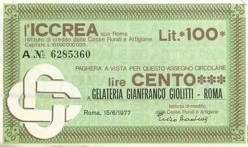 Paghera a vista per questo assegno circolare lire cento autostrada Roma 1977 cooperativa tabaccai della regione Lazio