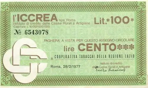 Paghera a vista per questo assegno circolare lire cento autostrada Roma 1977 cooperativa tabaccai della regione Lazio