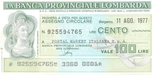 Paghera a vista per questo assegno circolare lire cento Bergamo 1977