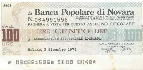 Paghera a vista per questo assegno circolare lire cento Lombardia Milano 1976