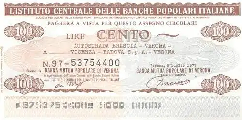 Autostrada Brescia - Verona - Vicenza - Padova - Verona lire cento