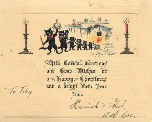 Embossed black cats silhouettes Christmas art nouveau greetings card