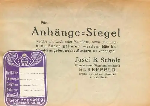 Anhange Siegel Josef B. Scholz Elberfeld cover labels Glanzstoff Pelzmodel L. Ringelhan