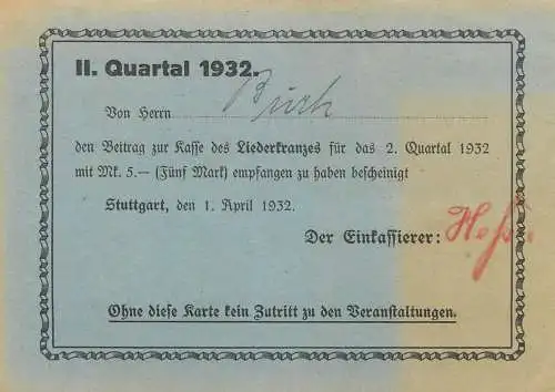 Old paper 1932 Liederkranzes Stuttgart