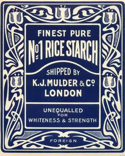 Finest pure No.1 Rice Starch K.J. Mulder & Co. London advertising label