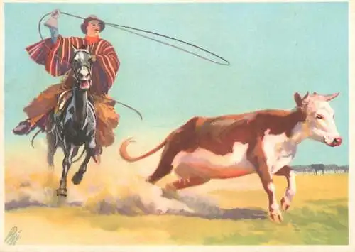 Old Paper Chromo Image Sanella Trade Card South America Cattle fishing in the pampas