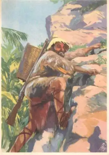 Old Paper Chromo Image Sanella Trade Card South America Robinson climbs to a lookout