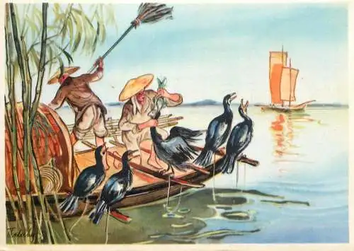 Old Paper Chromo Image Sanella Trade Card China - Tibet - Japan collection - Cormorant fisherman