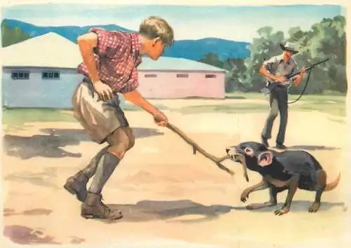 Old Paper Chromo Image Sanella Trade Card Australia Klaus playing tug of war with the Tasmanian devil
