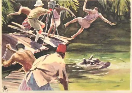 Old Paper Chromo Image Sanella Trade Card Africa Incident while filming hippos