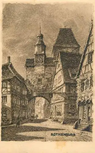 Germany Rothenburg ob der Tauber Roderborgen und Markusturm signed drawing