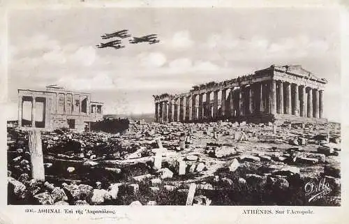 Athens planes squadron in flight over Acropole 1934