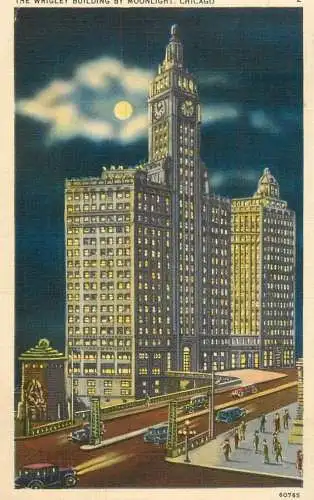 USA Chicago IL Wrigley building by moonlight