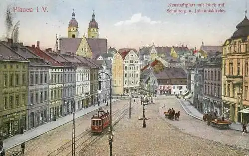 Germany Plauen Neustadtplatz mit Blick auf Schullberg u. Johanniskirche tramway
