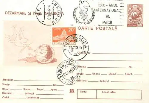 Romania postal stationery postcard 1986 "Dezarmare si Pace in Europa" International Peace Year 1986