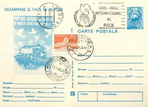 Romania postal stationery postcard 1986 "Dezarmare si Pace in Europa" International Peace Year 1986