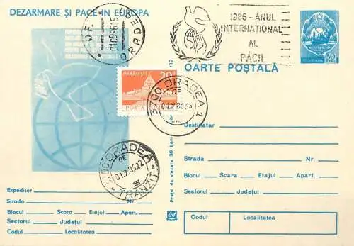 Romania postal stationery postcard 1986 "Dezarmare si Pace in Europa" International Peace Year 1986