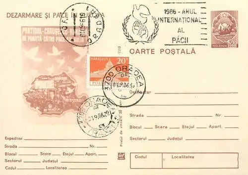 Romania postal stationery postcard 1986 "Dezarmare si Pace in Europa" International Peace Year 1986