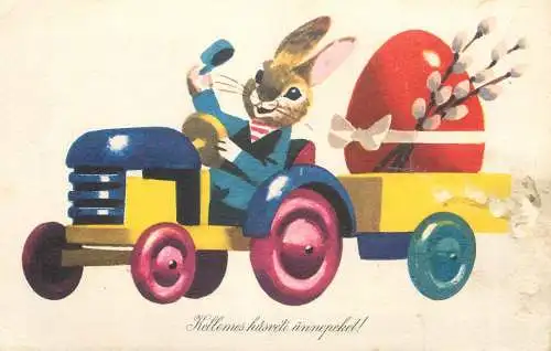 Drawn Easter rabbit greetings postcard Hungary 1967