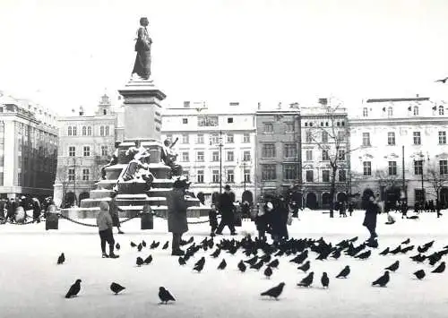 Poland Krakow Rynek Glowny statue monument pigeons