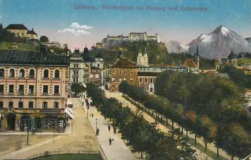 Austria Salzburg Mirabellplatz mit Festung und Untersberg