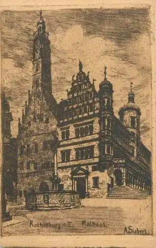 Germany Rothenburg ob der Tauber Rathaus A. Siebert signed drawing