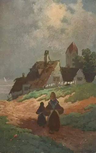 AK Germany painting coastal village house