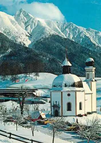 Austria Seefeld Tirol Wintersportplatz mit Olympia Sport und Kongresszentrum  und Seekirchl gegen Reitherspitze