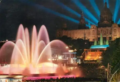 Spain Barcelona Montjuich Park, National Palace of Art and Monumental Fountain night view