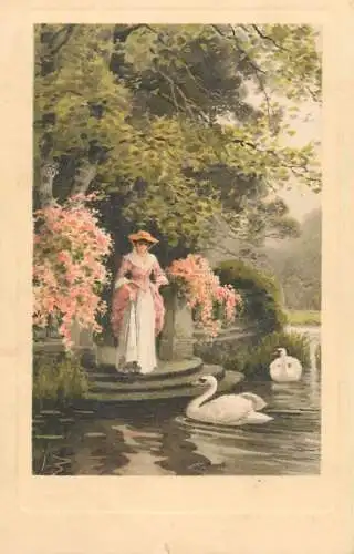 Meissner & Buch Kunstler Postkarte 1911 woman and swan