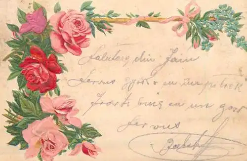 Embossed roses 1900s greetings postcard